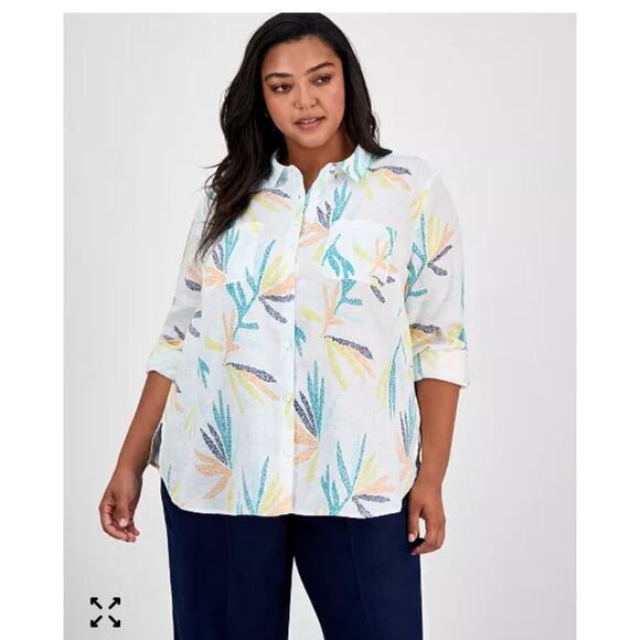 Charter Club Tops - Charter Club Luxury 100% Linen Tropical Print Button Down Blouse Size XL